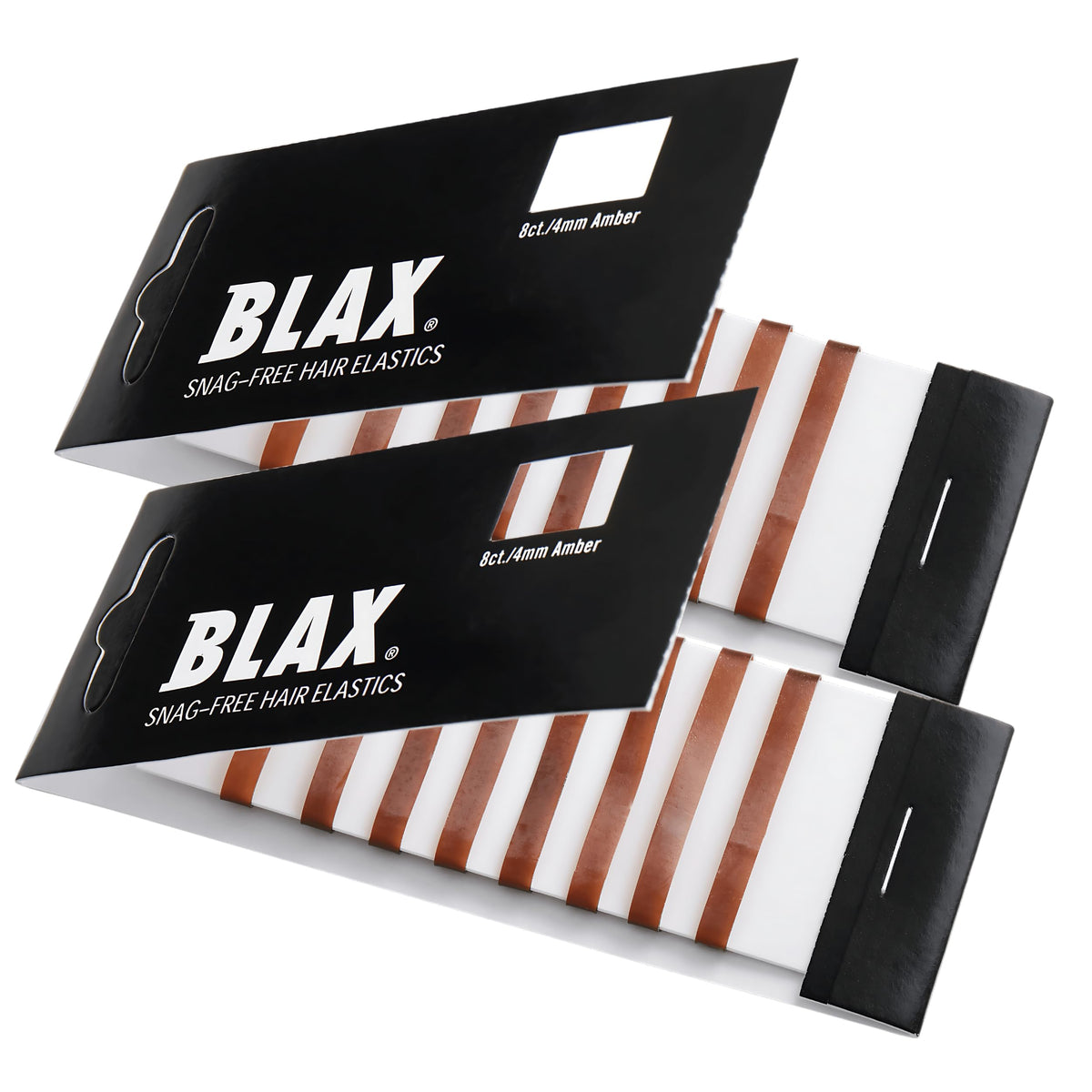Blax brown front packaging showing pack of 8 hair elastics, tidy storage benefit