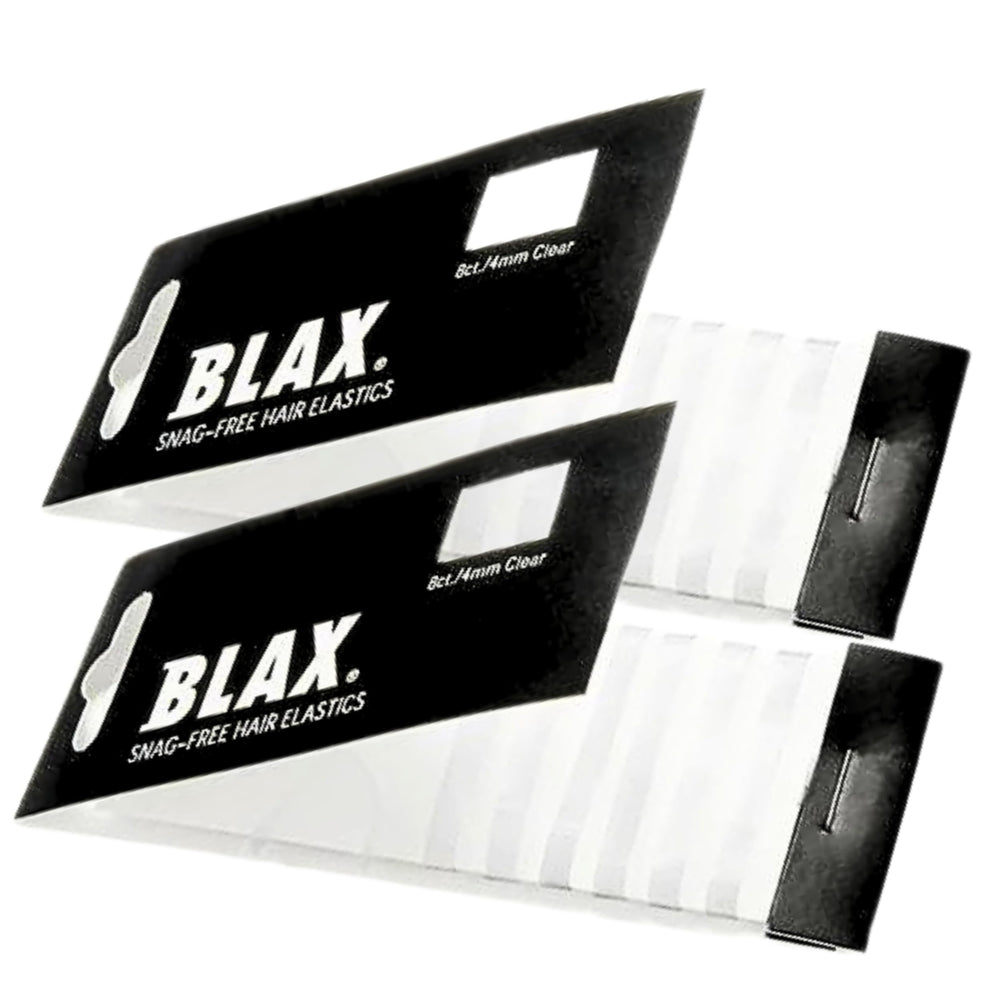Blax clear elastics front packaging shows neat dispenser and count