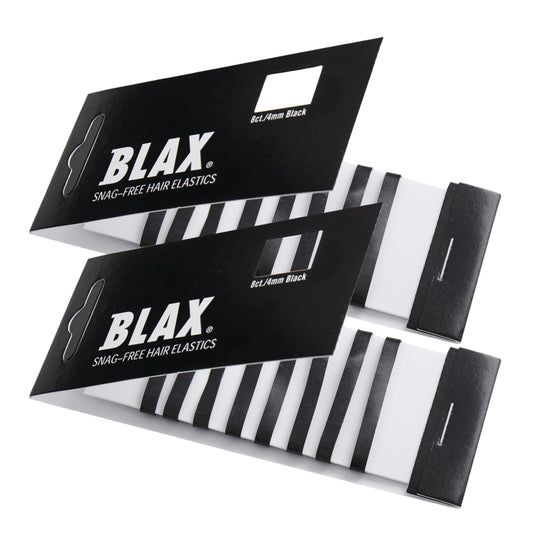 Blax front packaging showing black 4mm elastics and compact dispenser for organized storage