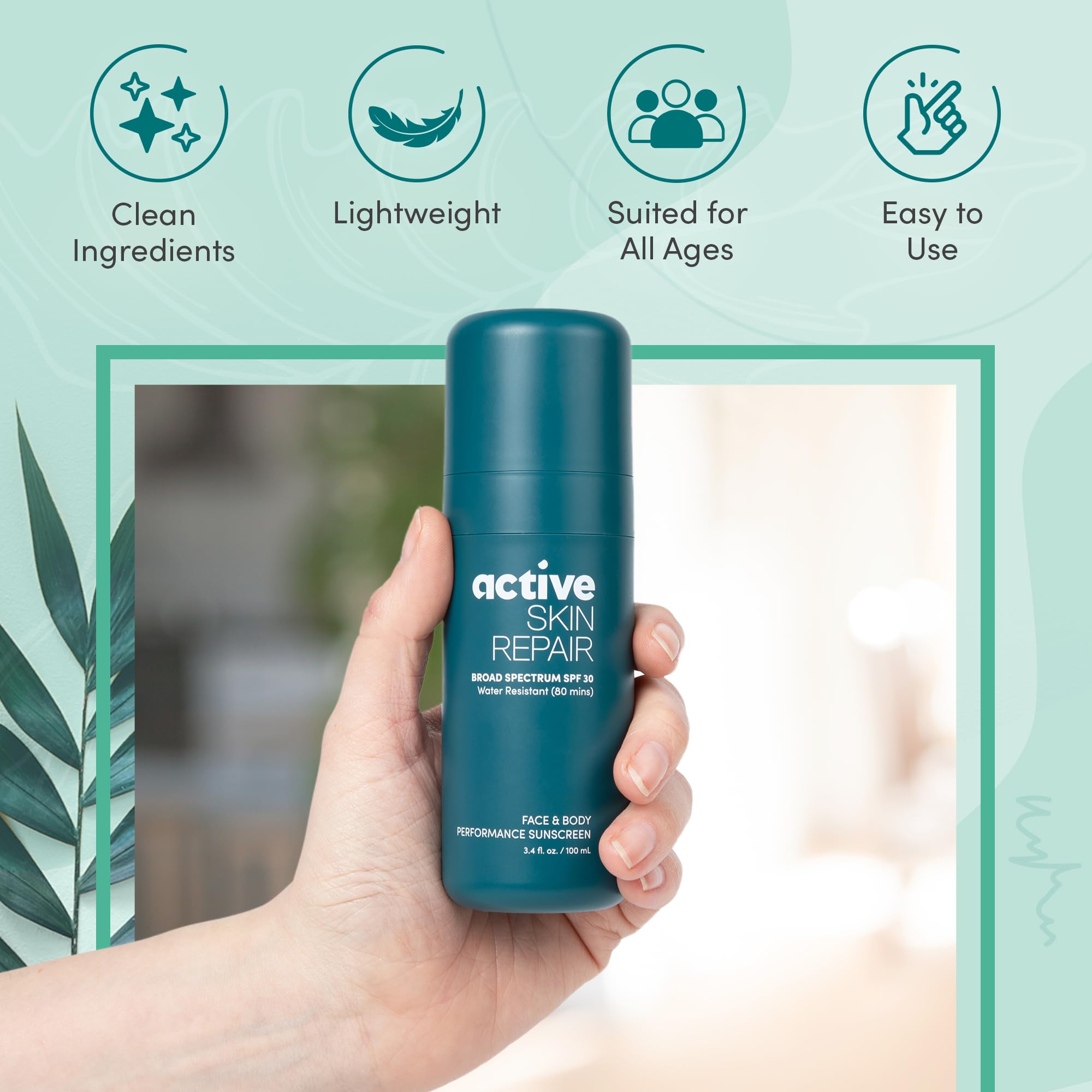 BLDG ACTIVE travel-size bottle beside sunglasses for portable protection