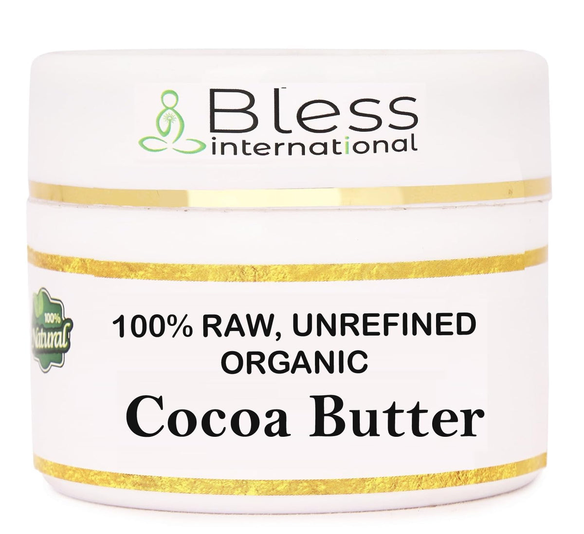 Bless International jar front view showing label and pure cocoa butter