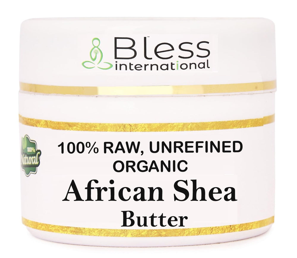 Bless International jar front view showing pure shea butter and clear labeling benefit
