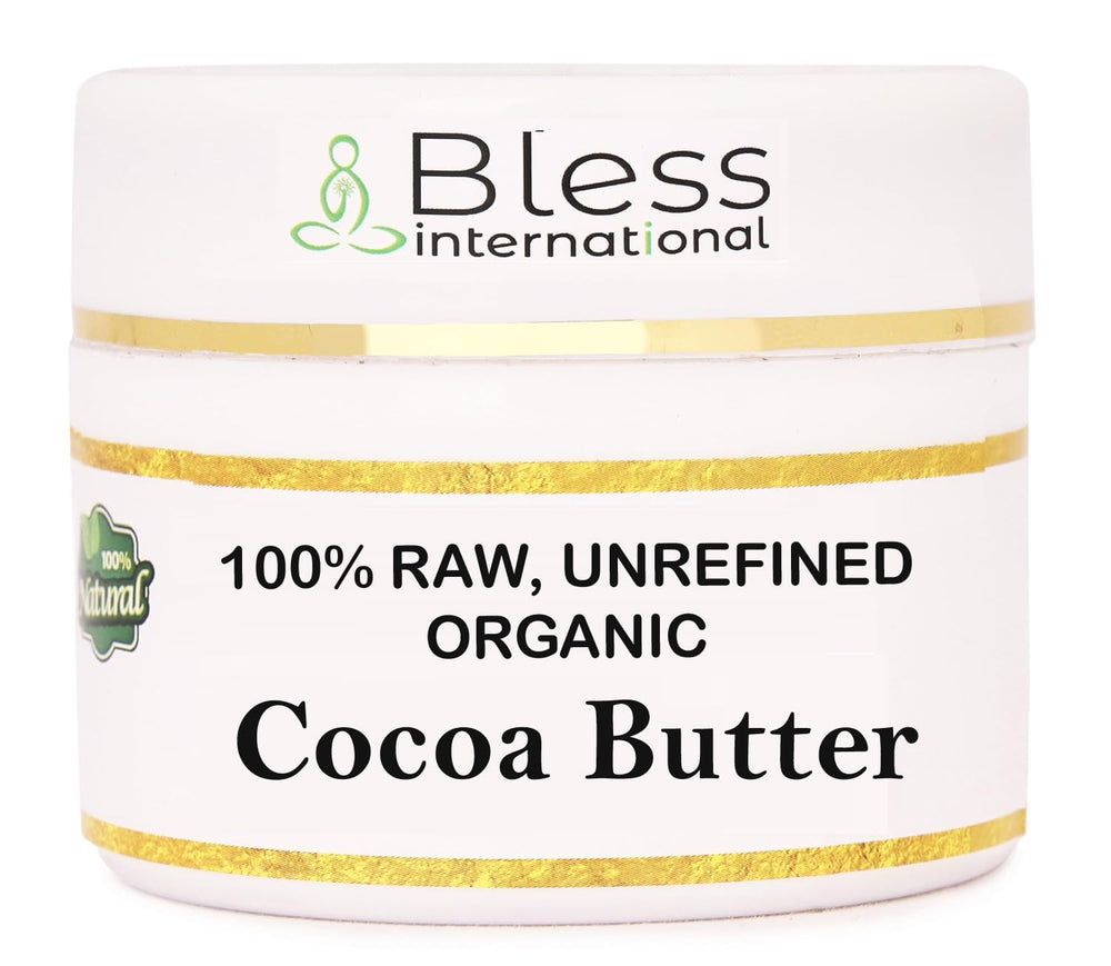 Bless International jar front view showing pure cocoa butter and benefits
