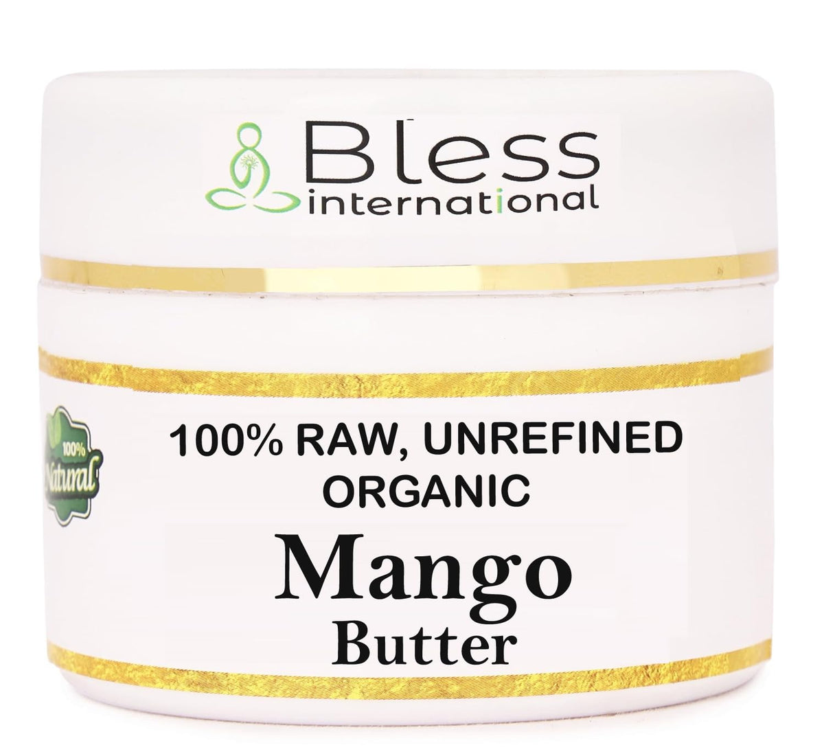 Bless International jar front view showing pure mango butter and labeling benefit: clear product identity