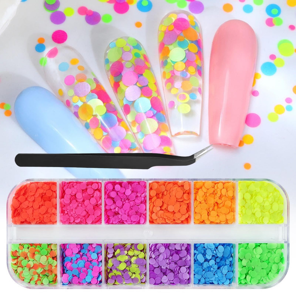 BLGTGH front box showing 12-color glitter grids and tidy storage benefit
