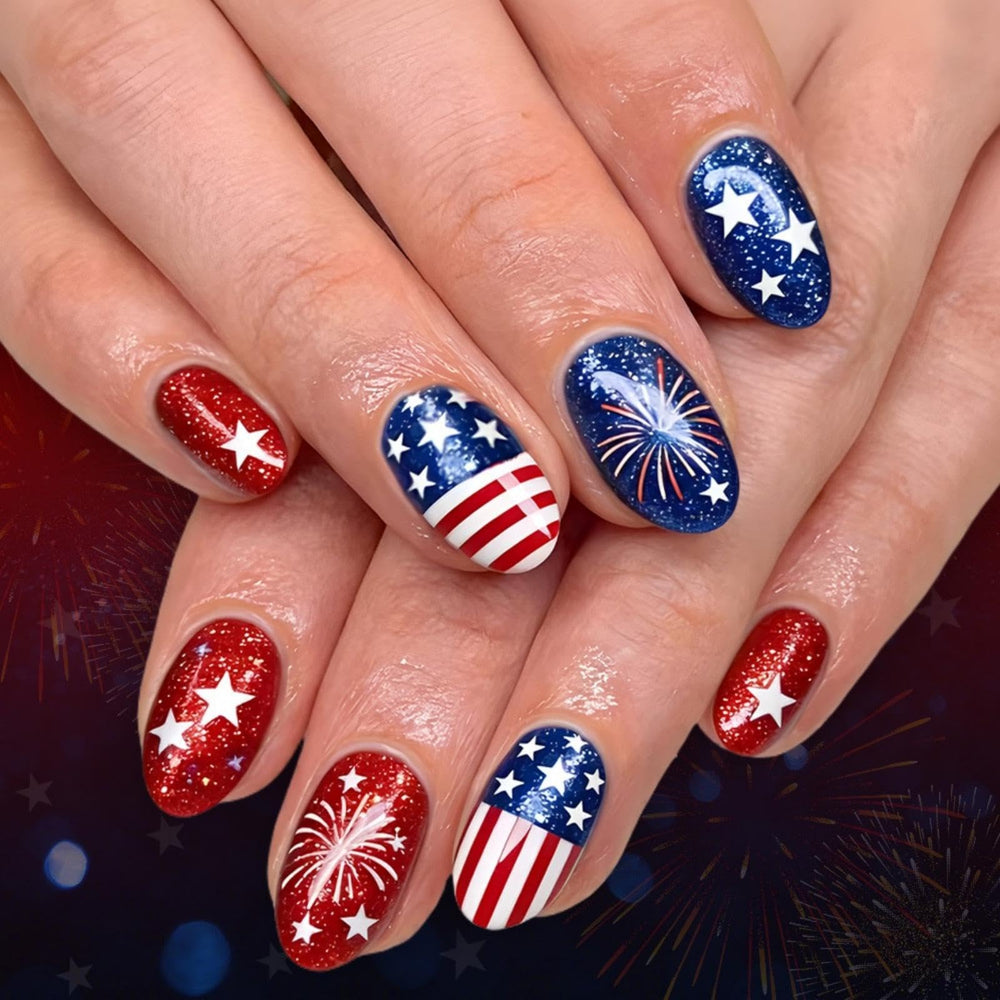 BLGTGH front packaging showing patriotic press-on nails and accessories for quick wear