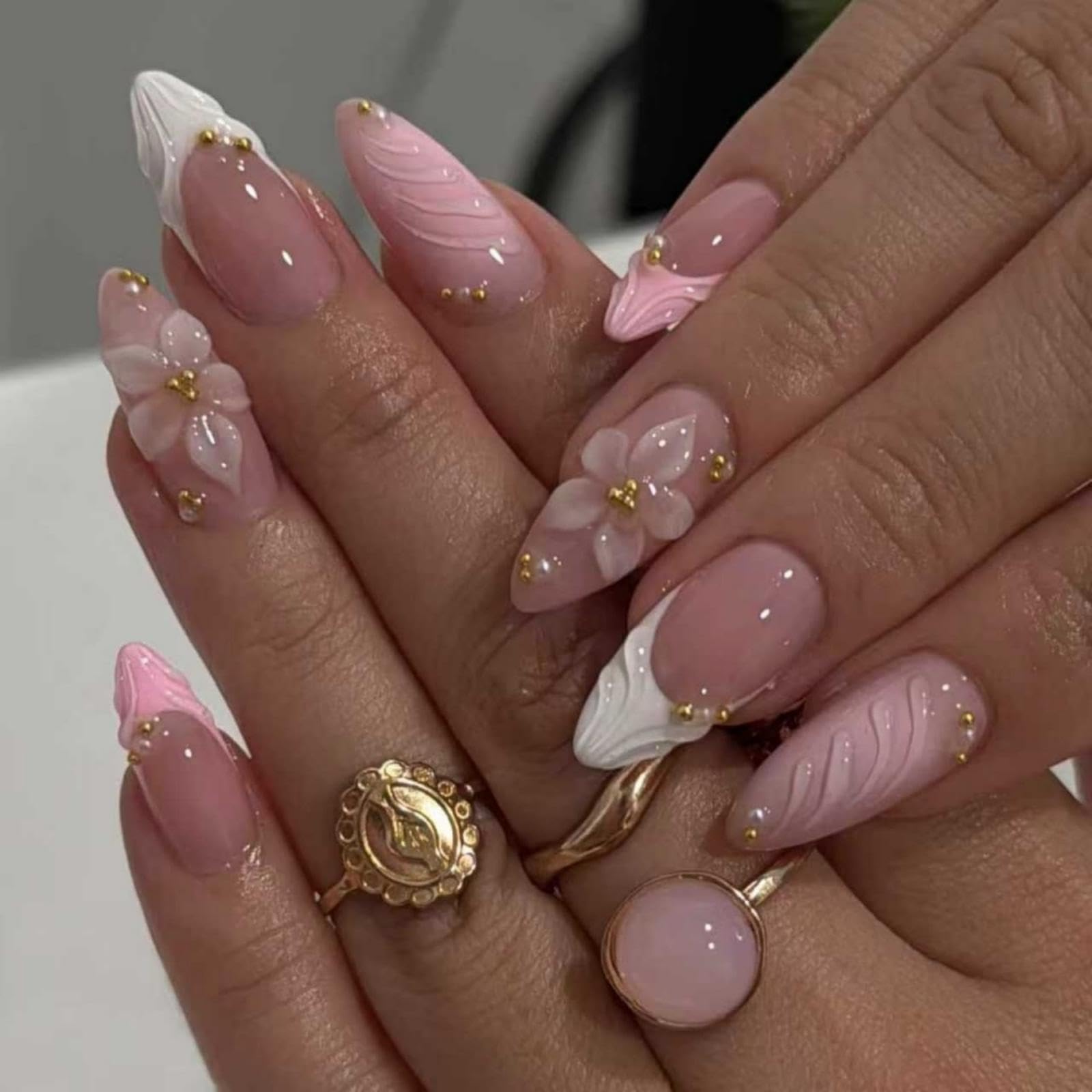 BLGTGH front packaging showing 24-piece almond press on nails and kit benefits