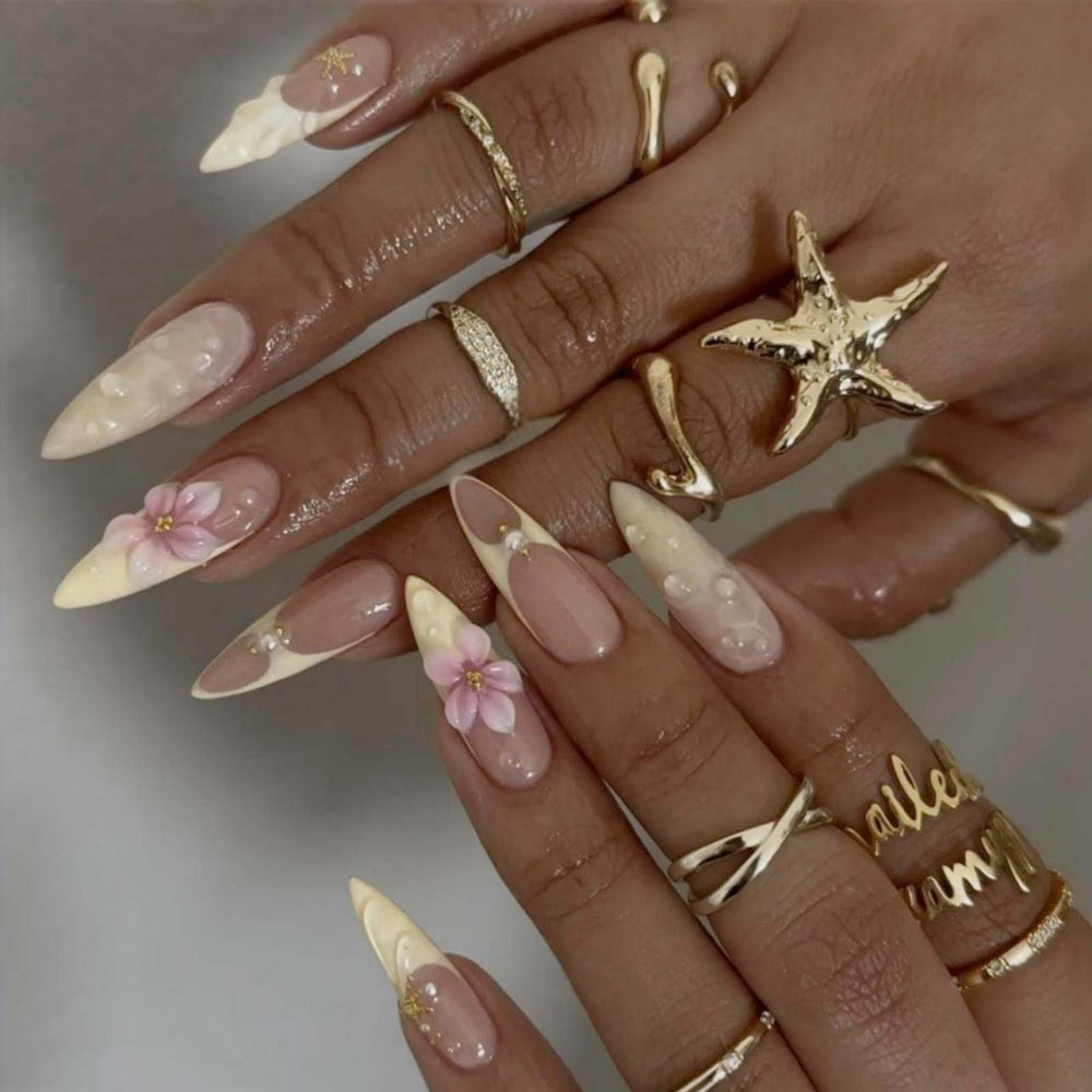 BLGTGH front packaging showing 24-piece glossy yellow french almond tips and charms for instant style