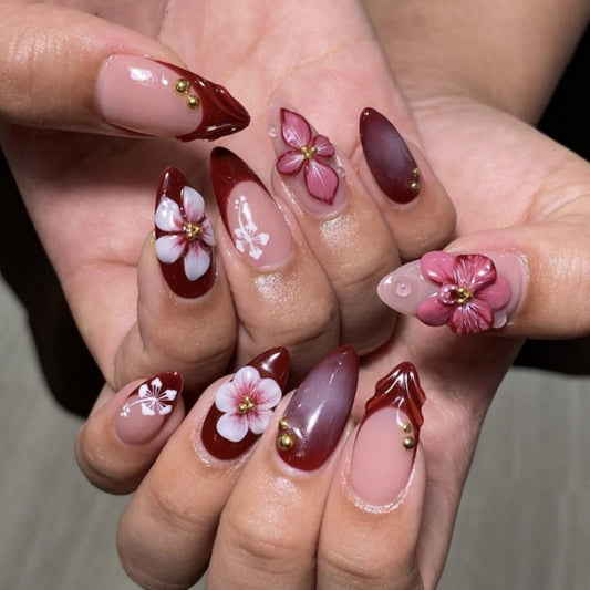BLGTGH front packaging of red ombre almond press-on nails showing set contents
