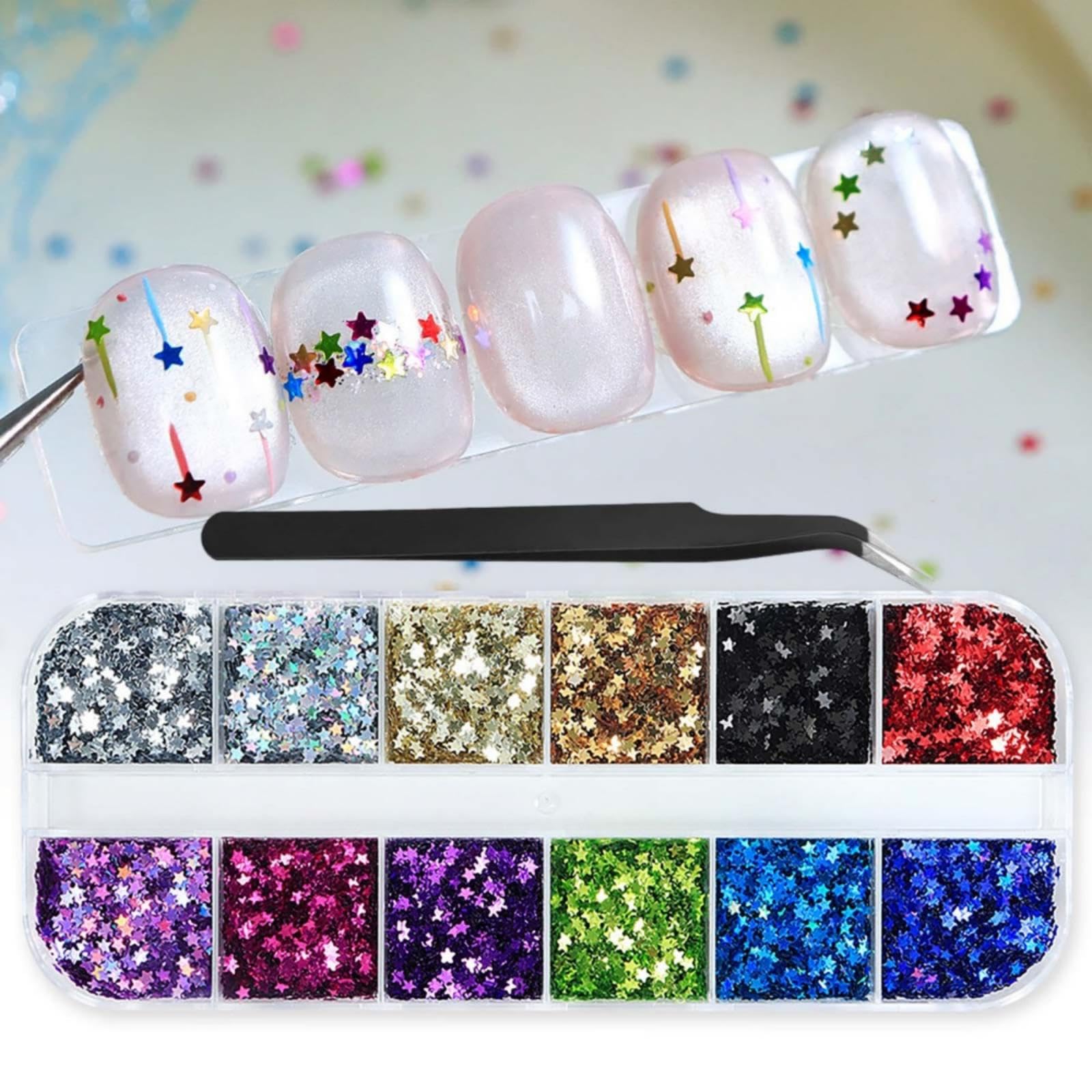 BLGTGH front packaging showing 12-grid star glitter kit and organized storage benefit