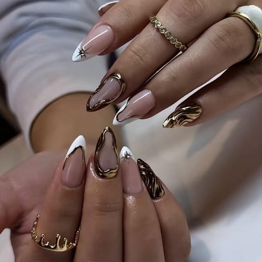 BLGTGH glossy pink nails close-up highlighting metallic gold lines and shiny finish