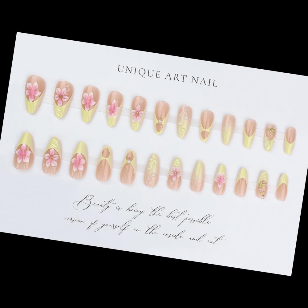 BLGTGH scale comparison of a medium almond press-on on a fingertip to show length and fit
