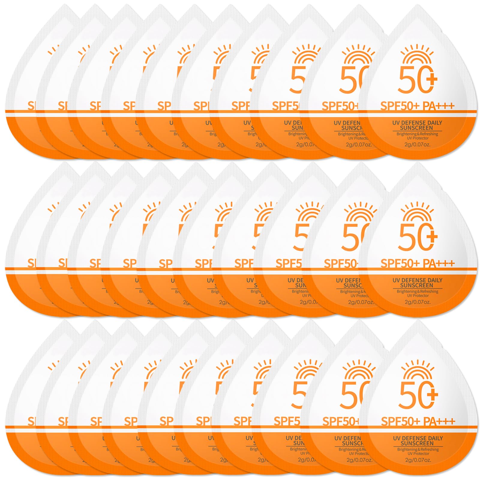 BliBling front view of 30 mini sunscreen packets showing compact convenience and portability