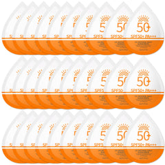 BliBling front view of 30 mini sunscreen packets showing compact convenience and portability