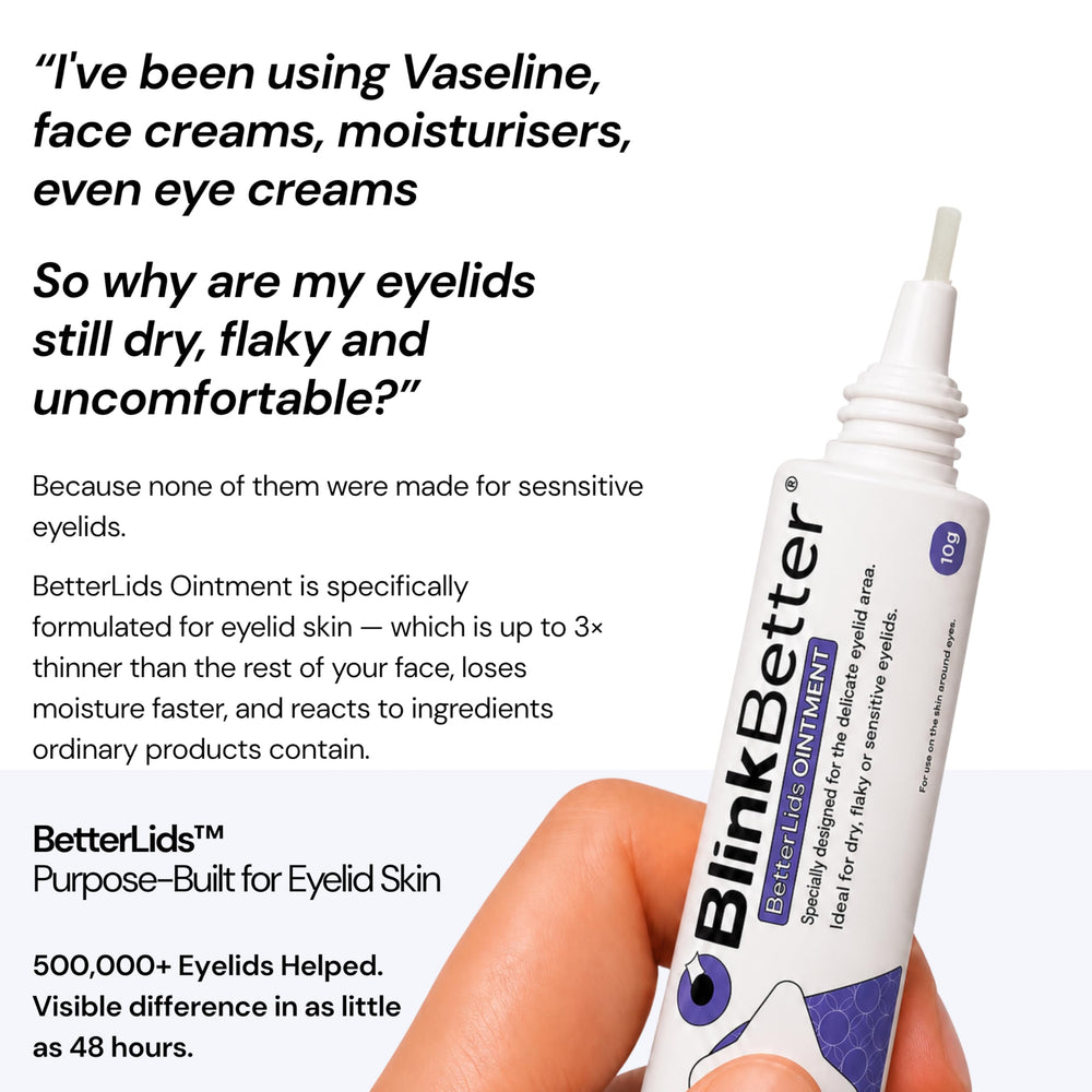 BlinkBetter BetterLids applied to clean external eyelid demonstrating gentle use