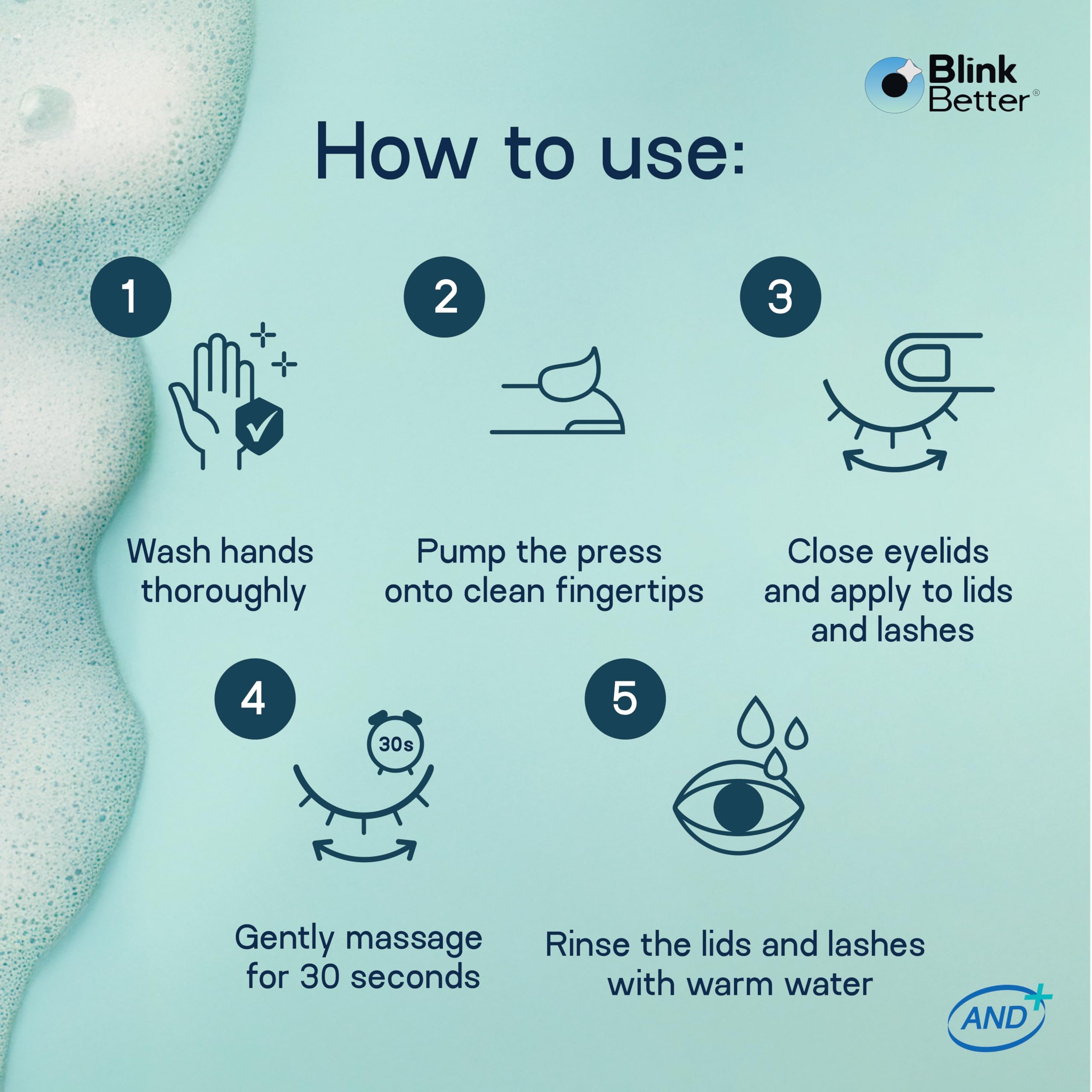 BlinkBetter label close-up highlighting tea tree, ectoin, centella benefits