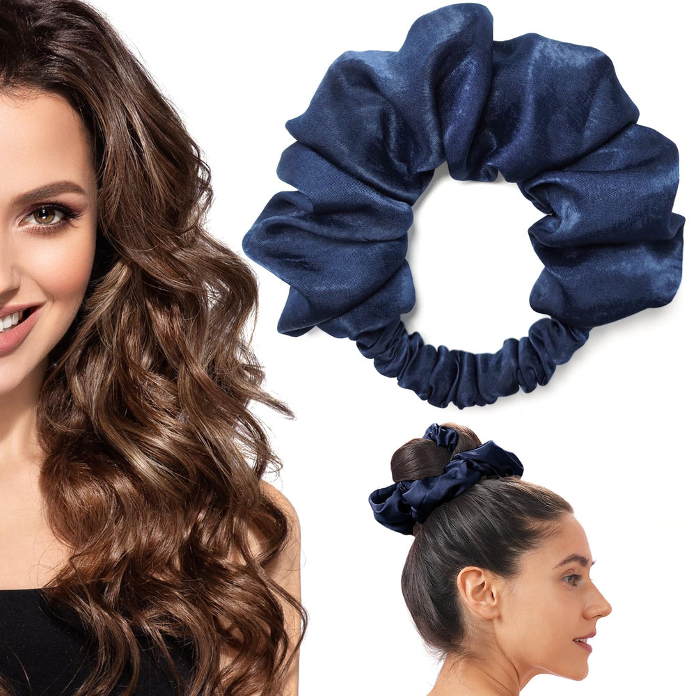 BLINKEEN navy front view showcasing compact plush scrunchie and neat design for gentle styling