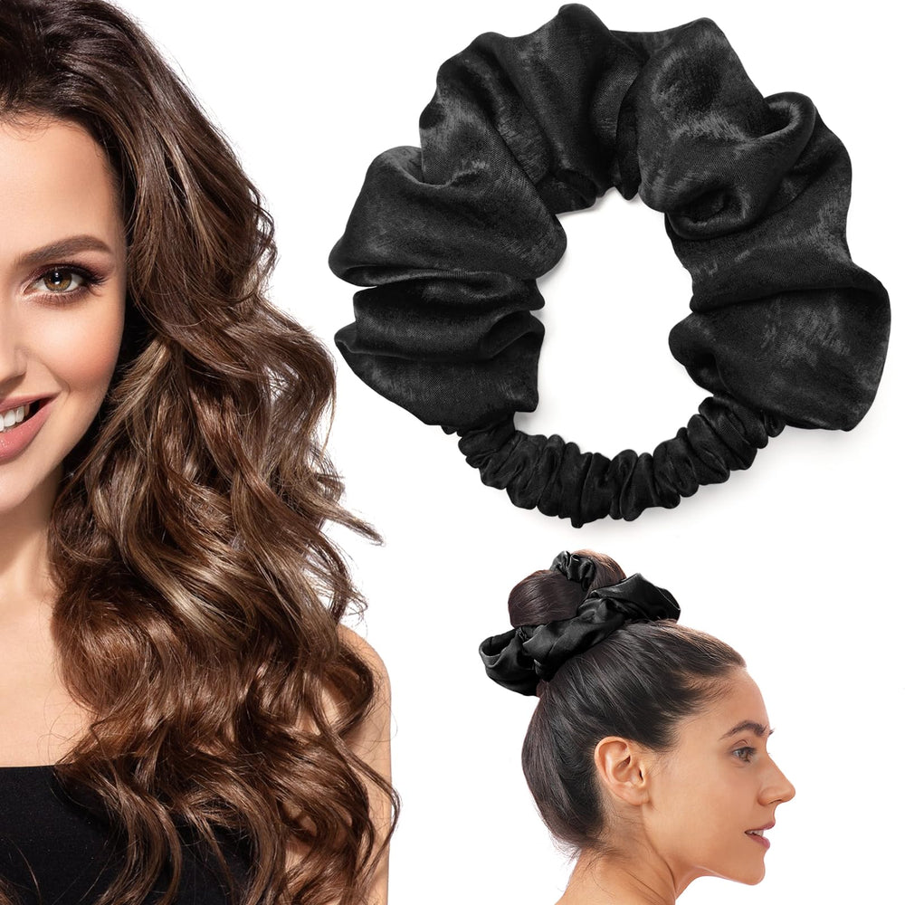 BLINKEEN front view of black heatless curling scrunchie shows compact design and easy use
