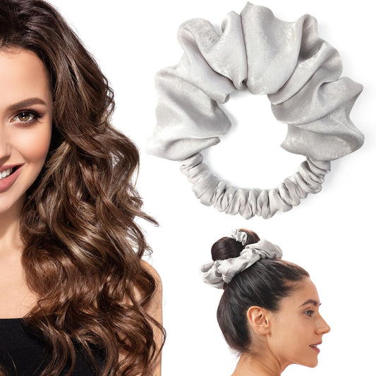 BLINKEEN front view of light grey scrunchie showing compact design and easy storage benefit