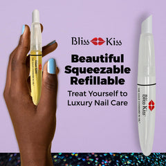 Bliss Kiss pen squeezing oil onto nail illustrating controlled, no-drip dispensing benefit