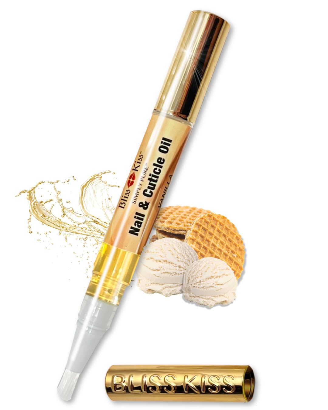 Bliss Kiss front packaging showing four vanilla nail oil pens and benefits