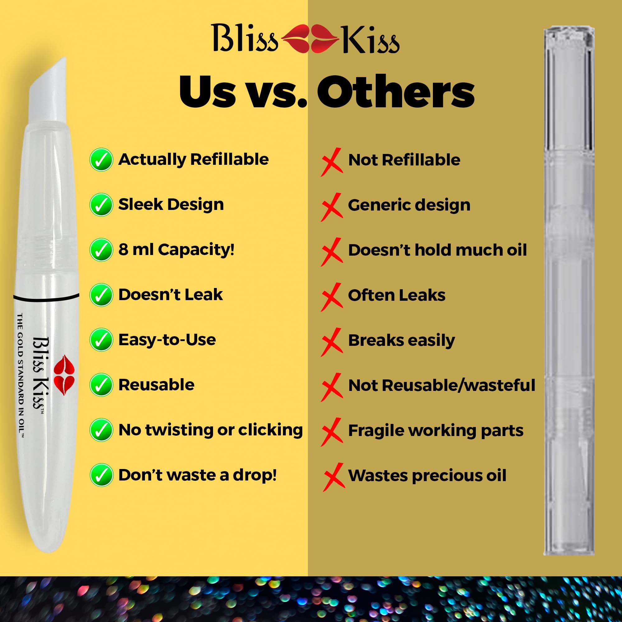 Bliss Kiss pen held in hand to show 8ml capacity and travel-friendly size benefit