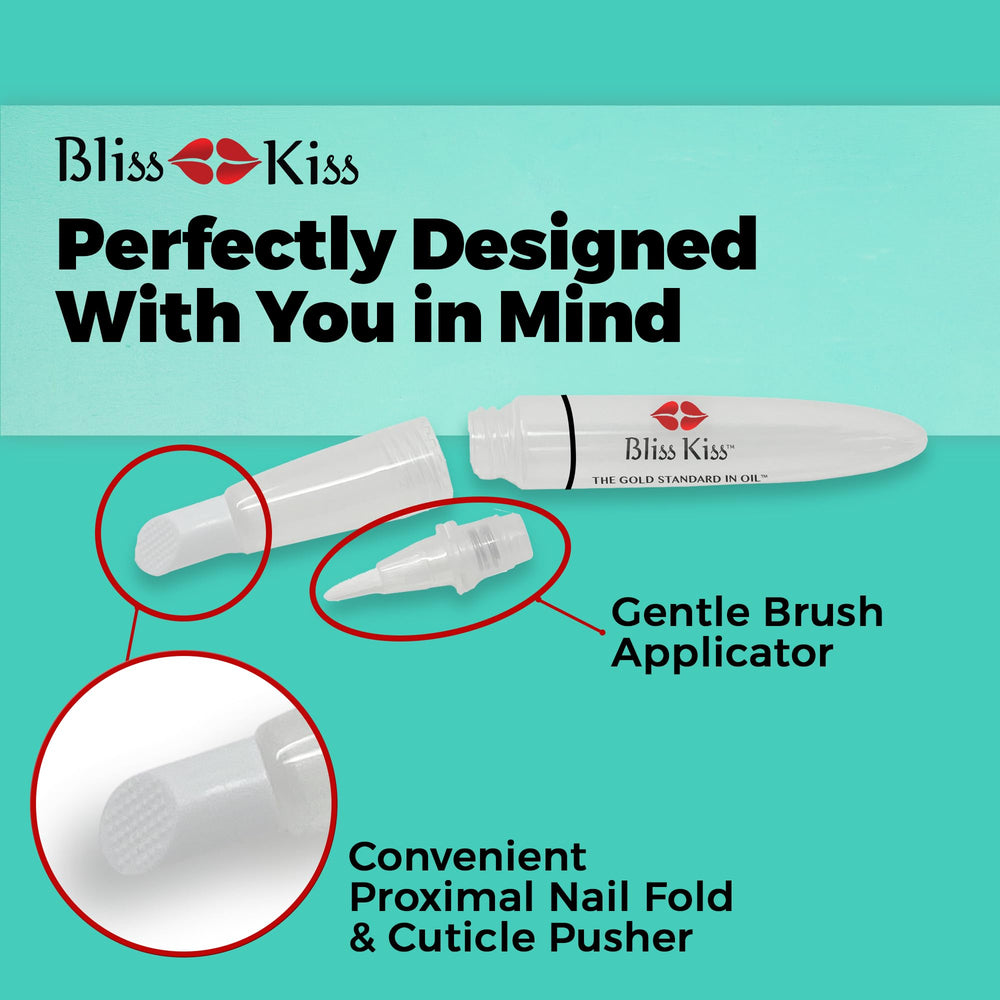 Bliss Kiss pen beside a favorite oil bottle showing compatibility and refill flexibility benefit