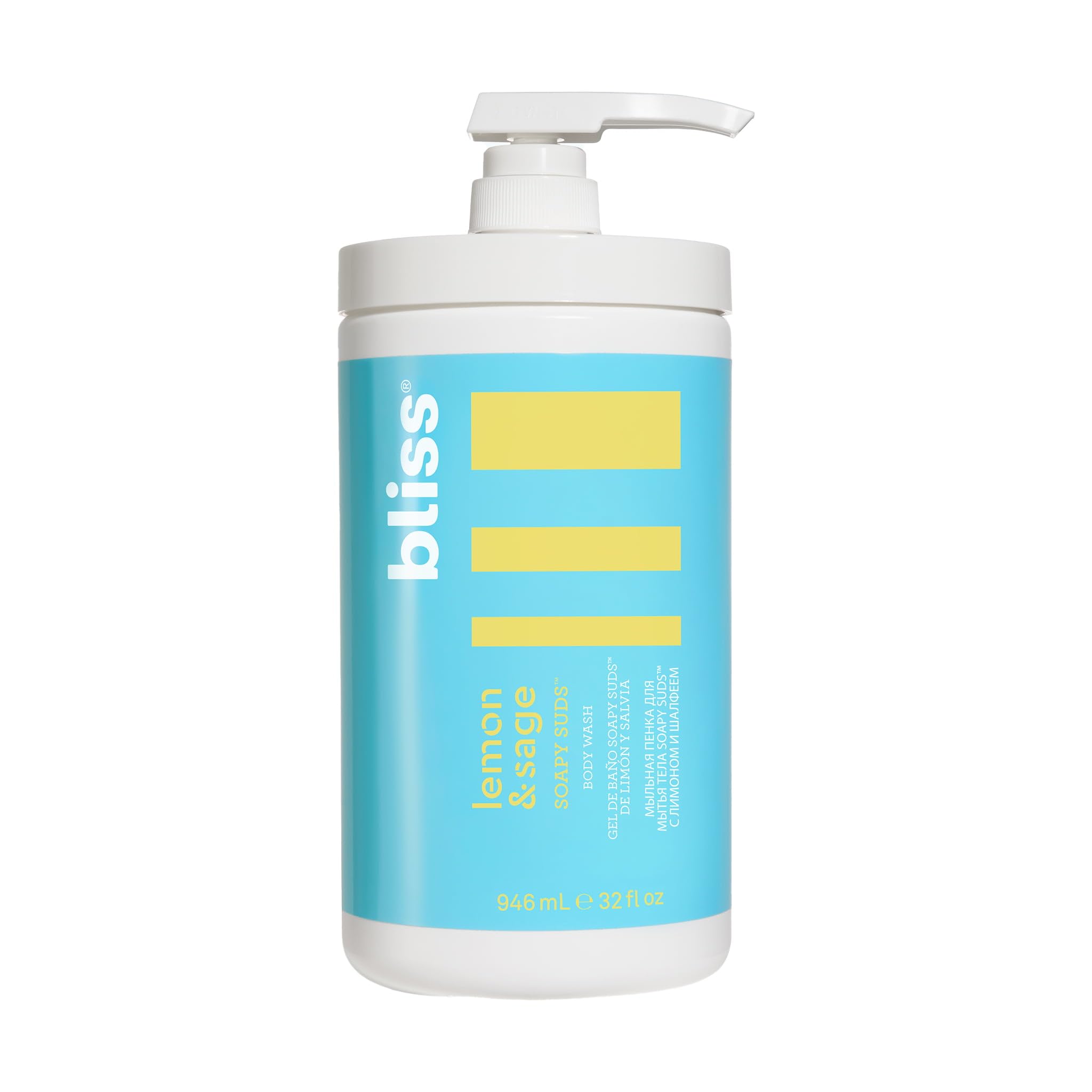 Bliss bottle front view showing Lemon & Sage label and large 32 oz size benefit