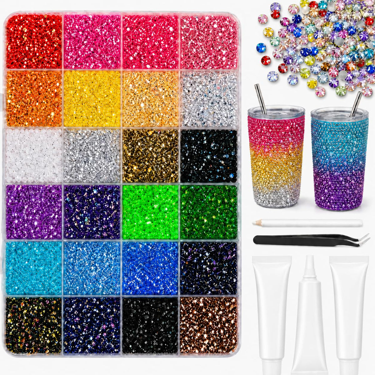 BlissVeritura box front view showing 24-color rhinestone set and tools, enables instant crafting