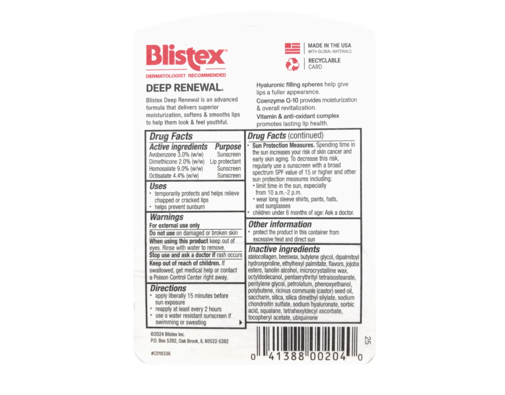 Blistex Deep Renewal ingredients label highlighting CoQ-10 and SPF