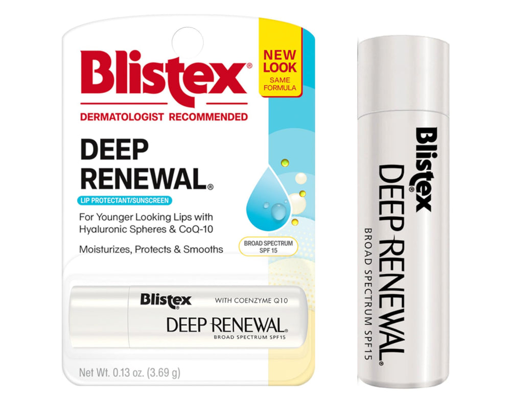 Blistex Deep Renewal held in hand to show compact travel size