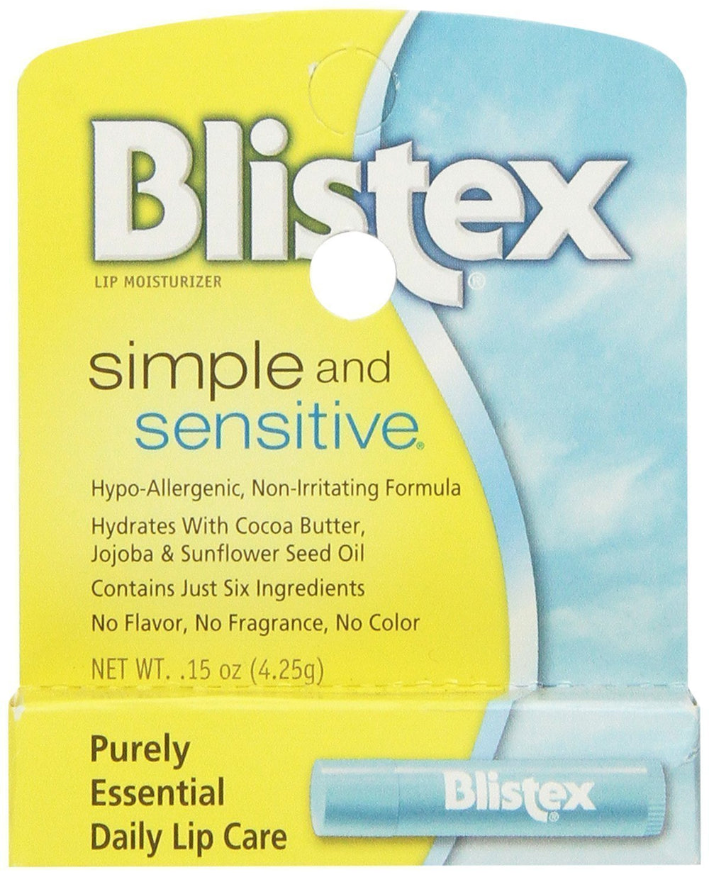 blistex front packaging 5-pack showing compact sticks and clear label benefit: reliable hypoallergenic care