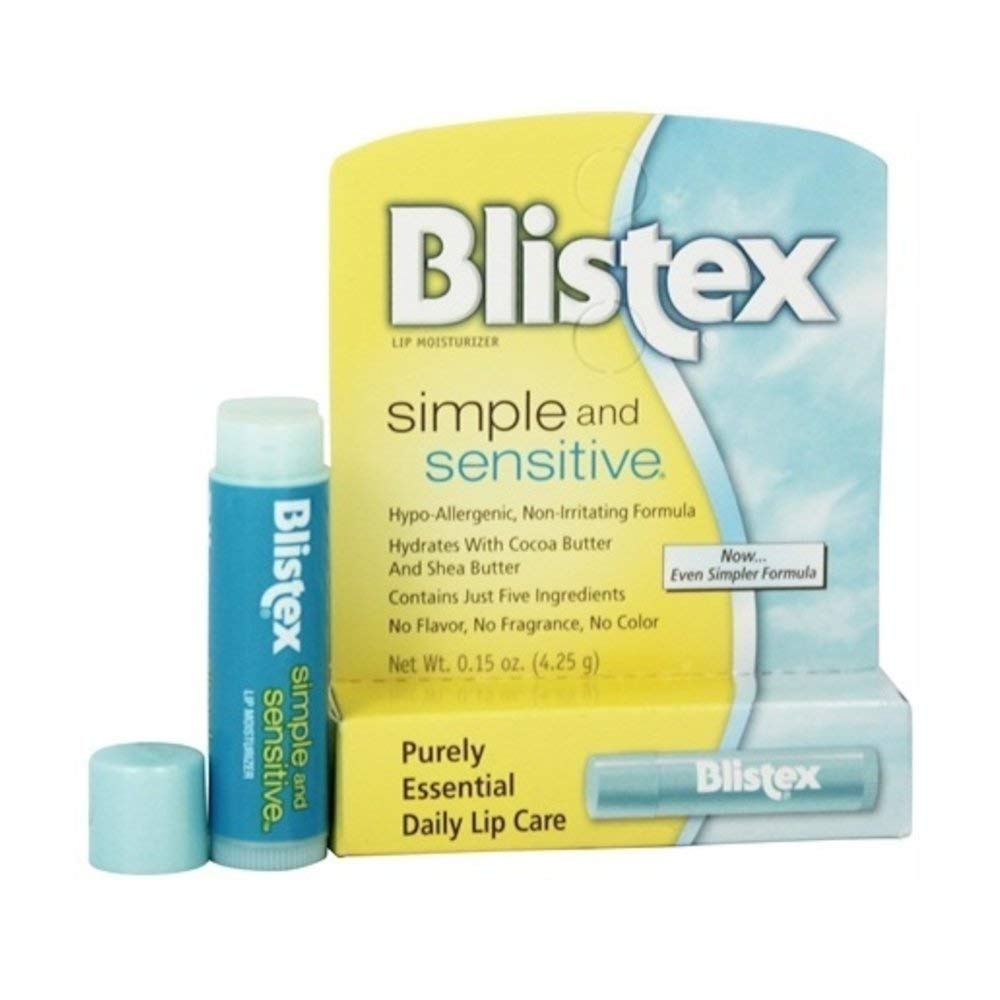Blistex front packaging showing four fragrance-free tubes for easy hydration