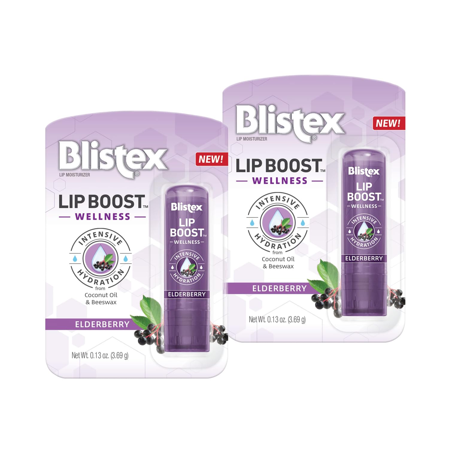 Blistex front packaging showing two wellness lip balm tubes and recyclable card