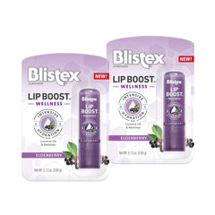 Blistex front packaging showing two wellness lip balm tubes and recyclable card