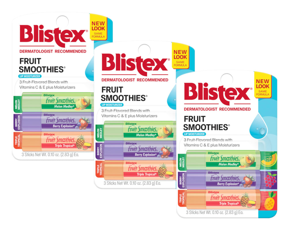 Blistex front packaging showing three fruit-flavored balm sticks benefits convenience