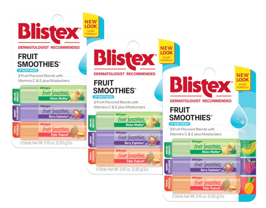 Blistex front packaging showing three fruit-flavored balm sticks benefits convenience