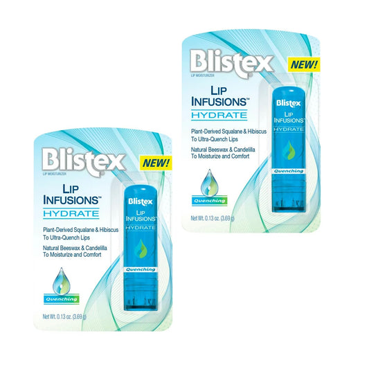 Blistex Lip Infusions front packaging showing two tubs and recyclable card benefit