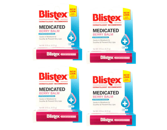 Blistex medicated berry front packaging showing four tubes and benefits