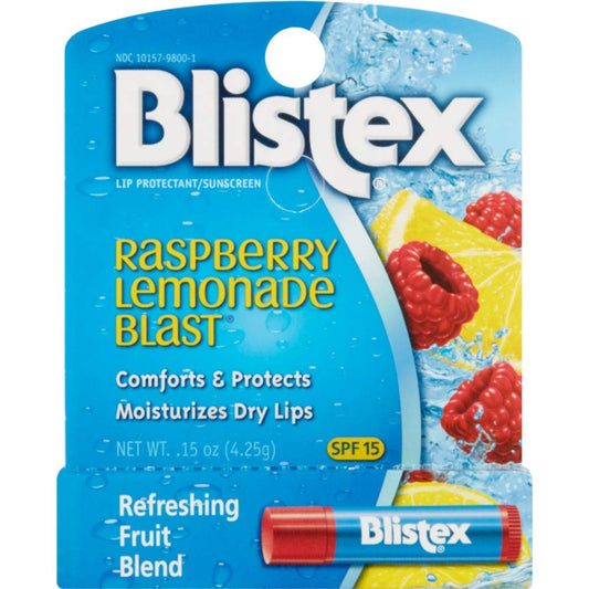Blistex Raspberry Lemonade Blast front view showing four lip balm tubes and packaging benefit hydration
