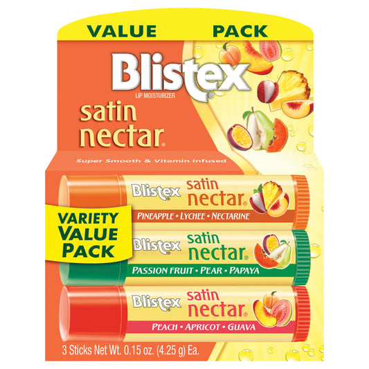 Blistex Satin Nectar front pack showing three balms and flavors, highlights variety