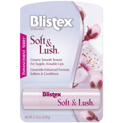 Blistex Soft & Lush front view showing twin tubes and packaging benefit portable moisture