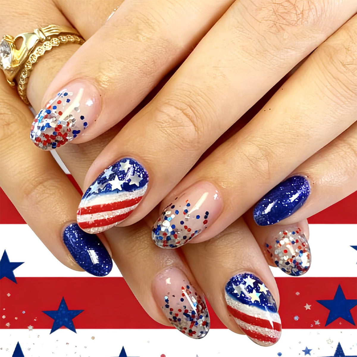 Bloazife front packaging showing patriotic press-on nails and kit contents for quick styling