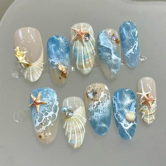 Bloazife front packaging showing 30 beach-themed press-on nails and tools for easy use