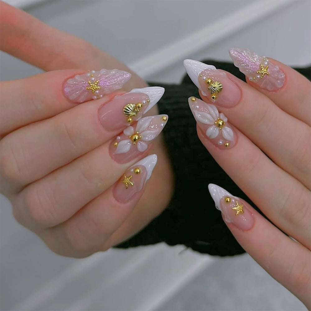Bloazife front packaging showing 24-piece almond press-on set and benefits of ready-to-wear nails