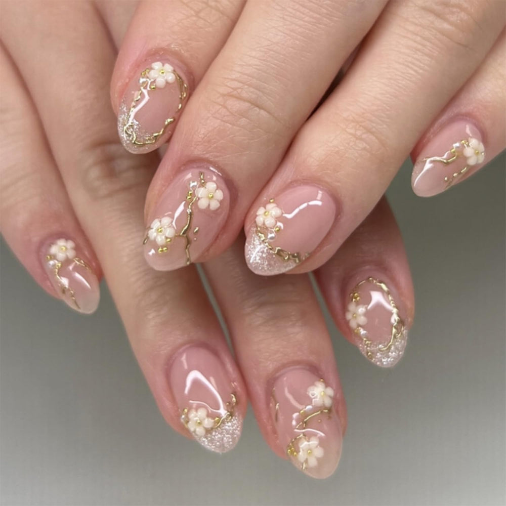 Bloazife front packaging showing nude pink almond press-on nails, neat salon-ready look