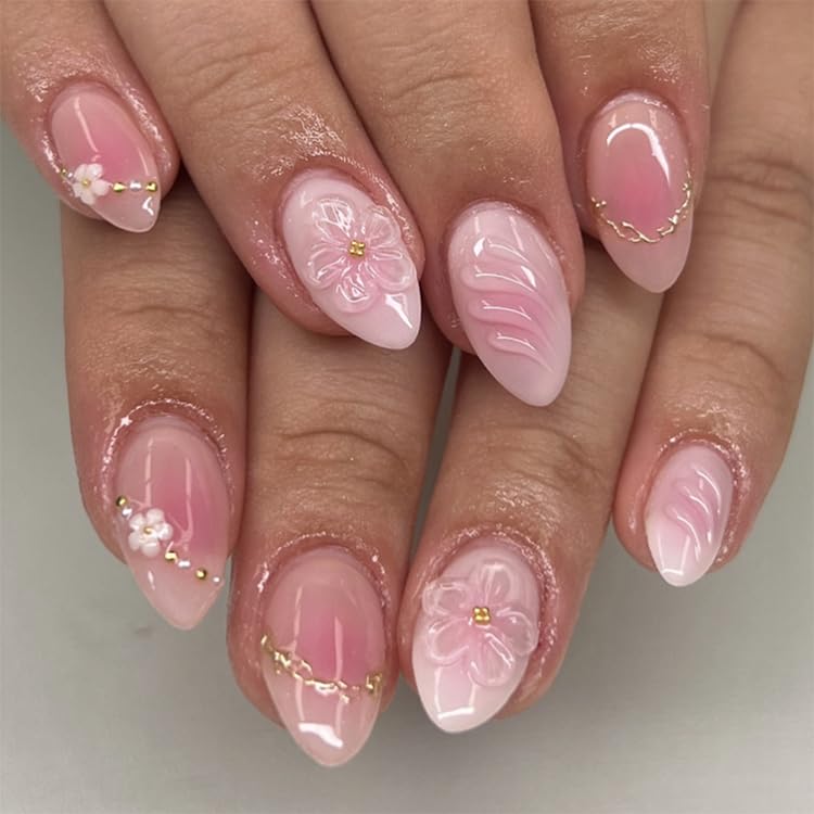 Bloazife front view showing nude pink press-on set and glossy finish for instant polish