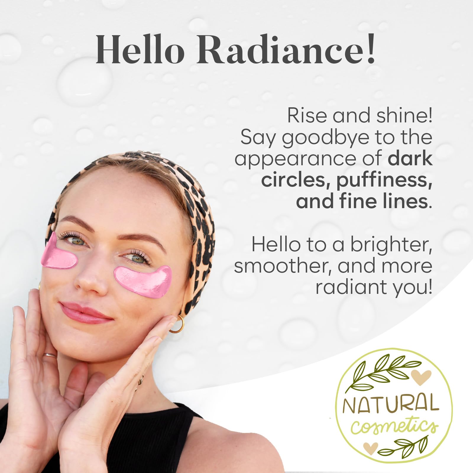 BLOOMORA patches applied under eye showing immediate refreshed look