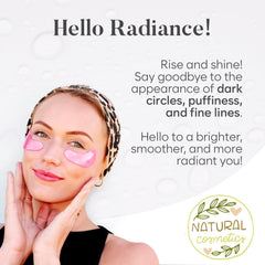 BLOOMORA patches applied under eye showing immediate refreshed look