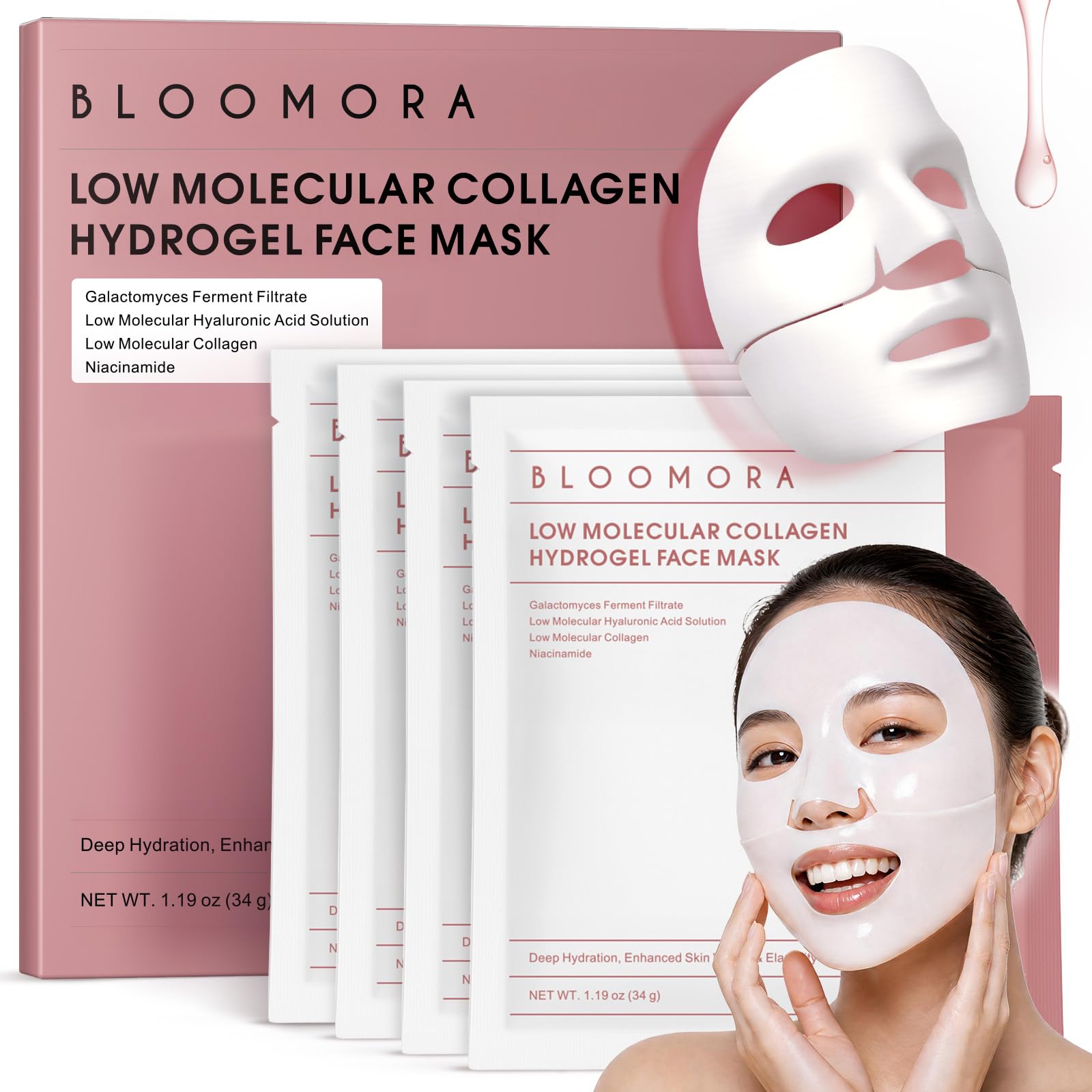 BLOOMORA front packaging showing four collagen hydrogel masks and benefits